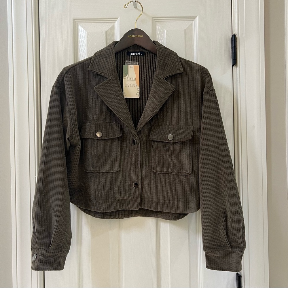 BTFBM Women's Corduroy Cropped Utility Jacket | NWT | Size S  | Dark Olive/Brown